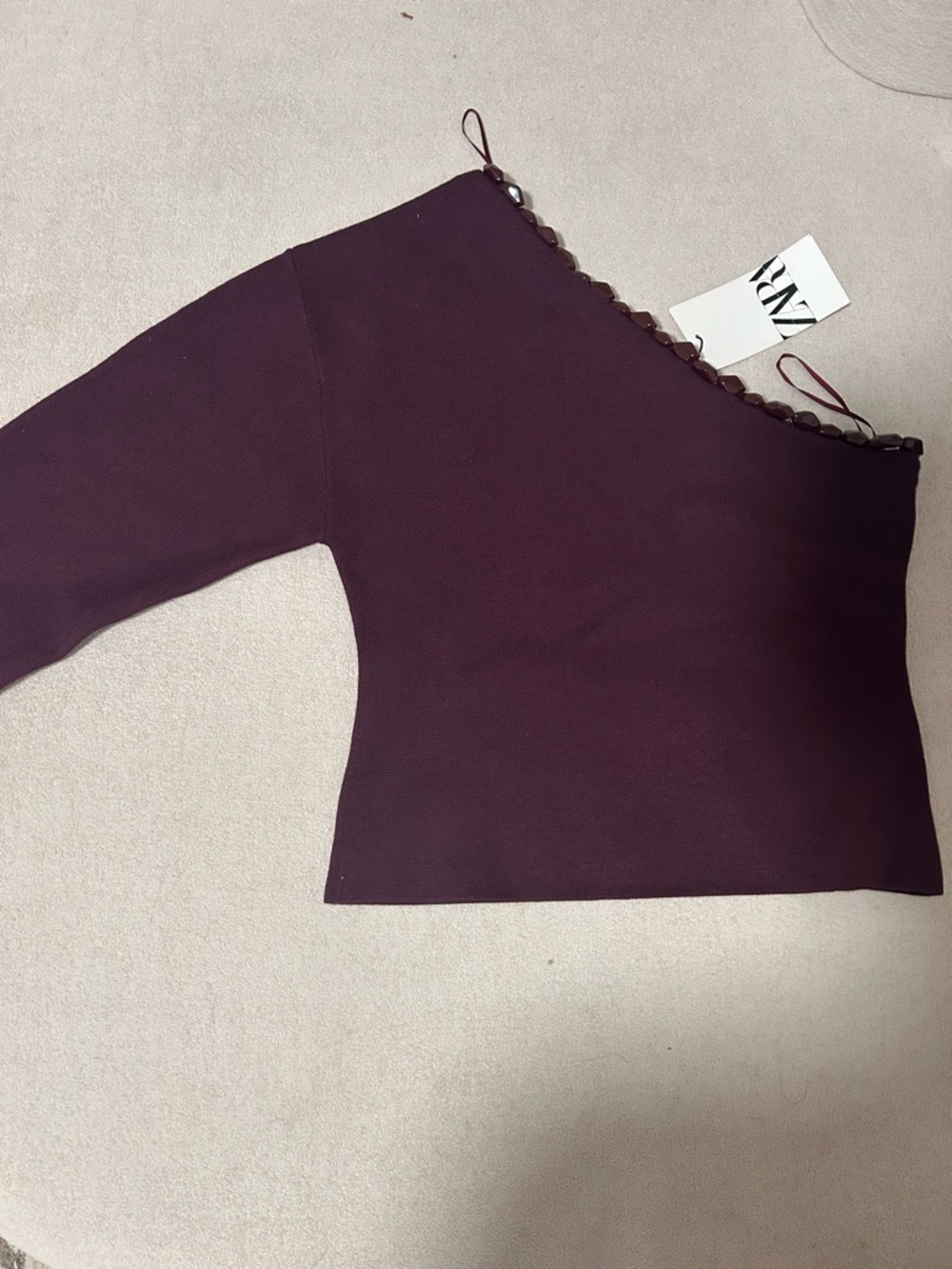 ZARA Asymmetric One-Shoulder Top in Deep Plum with Trim